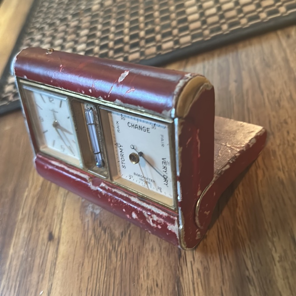 T. Anthony Antique 8-Day Alarm / (Switzerland) Barometer Leather Travel Clock